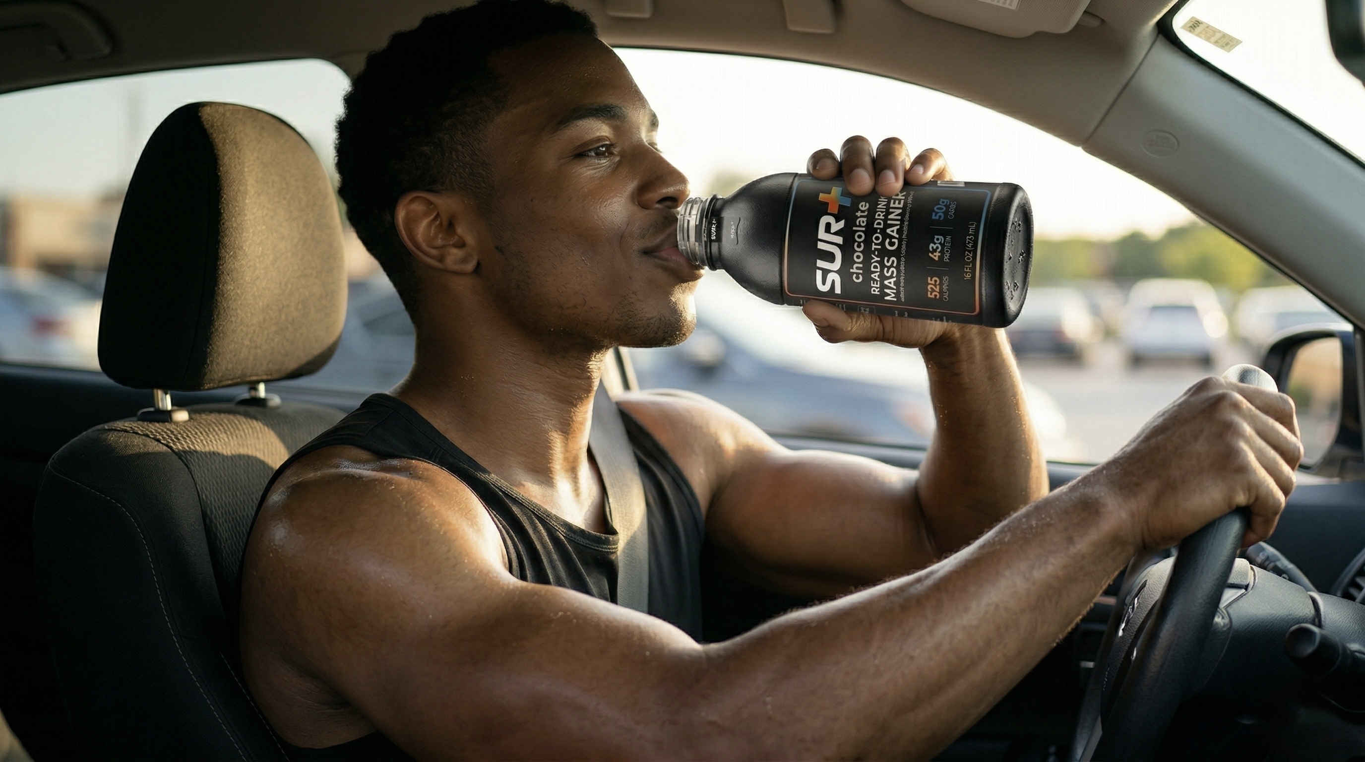 Athlete drinking SUR+ Mass Gainer in car